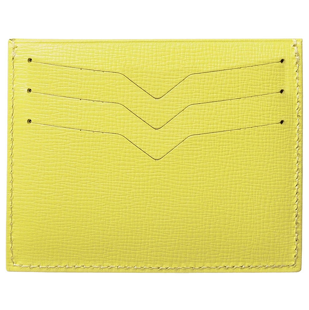 Saffiano Credit Card Wallet in Lemon, featuring six slots and a central compartment, crafted from luxurious calf leather.