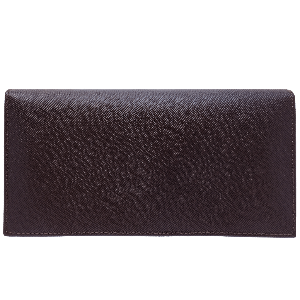 Saffiano Long Envelope Wallet in Brown, showcasing its sleek design and premium calf leather texture.