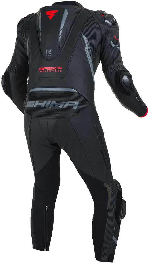 SHIMA Apex RS One Piece Motorcycle Leather Suit showcasing premium cowhide leather, protective features, and dynamic design.