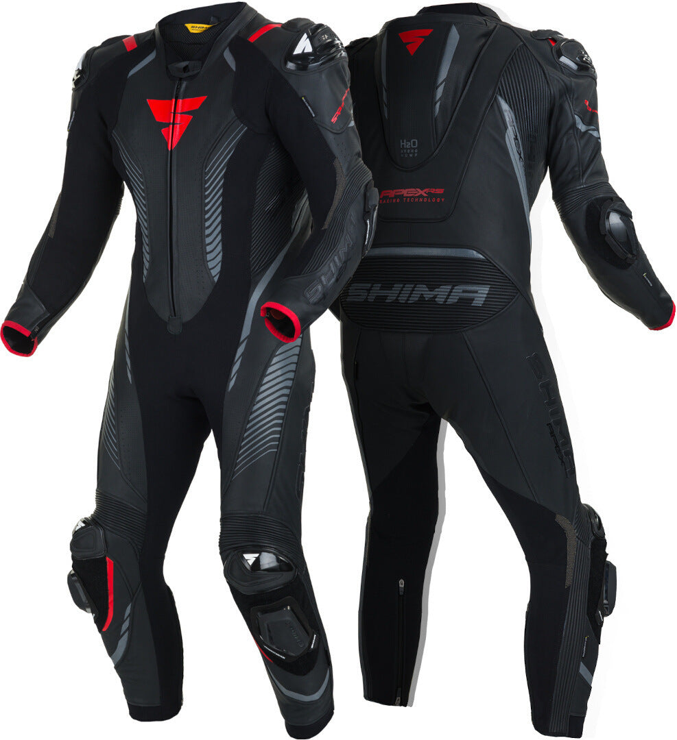 SHIMA Apex RS One Piece Motorcycle Leather Suit showcasing premium cowhide leather, protective features, and dynamic design.