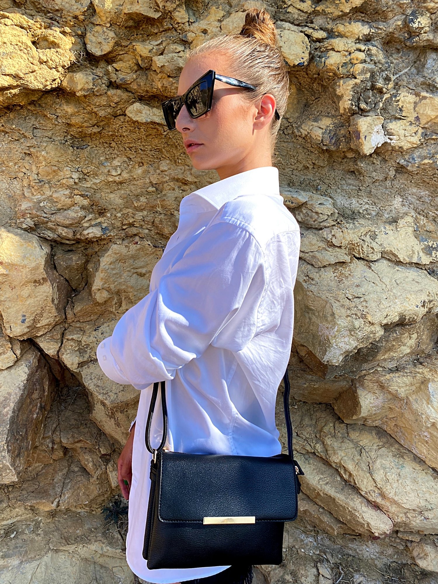 Stylish Shoulder Double Bag in black and beige with adjustable strap and zip pocket, showcasing its elegant design and functionality.