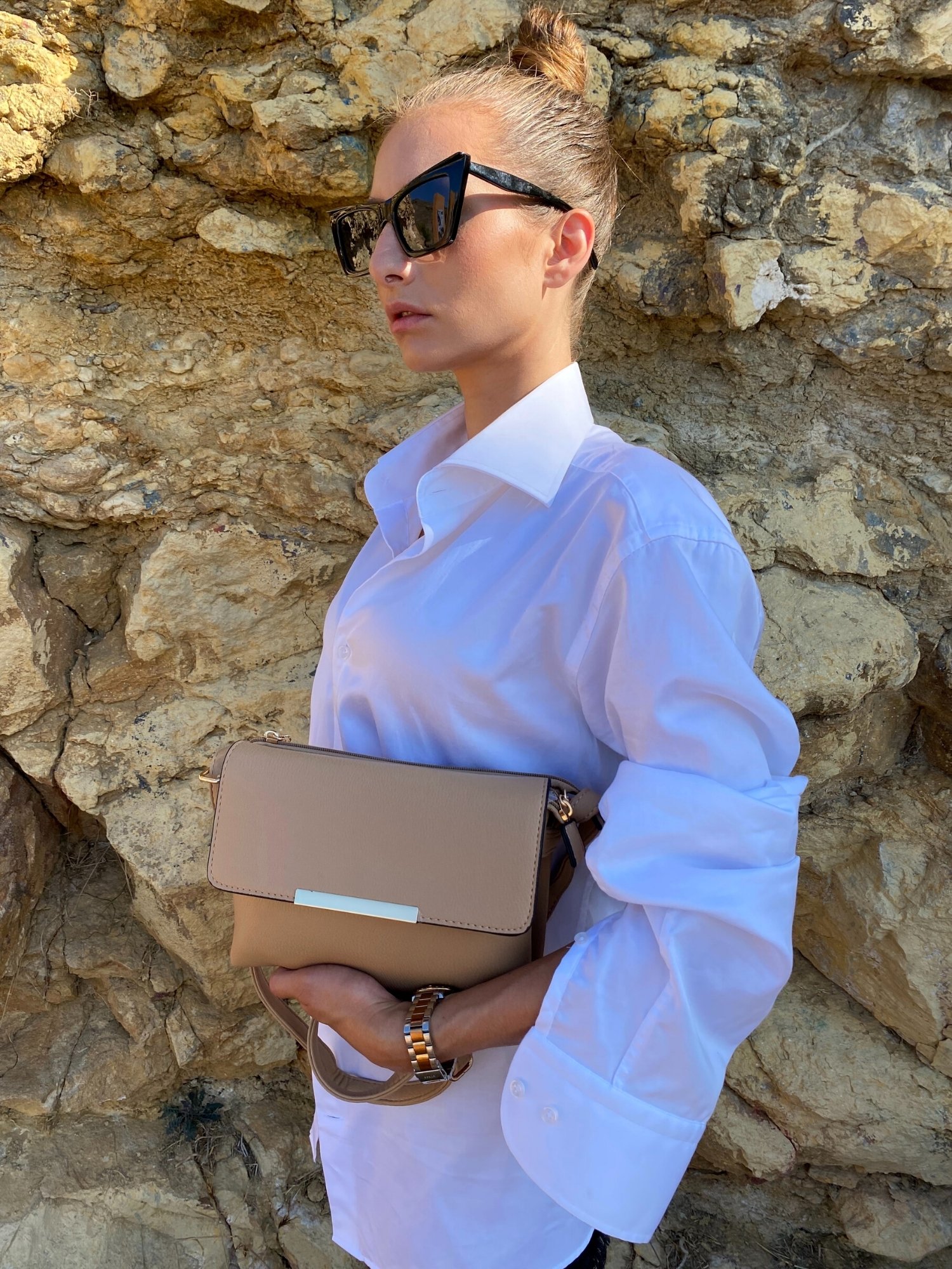 Stylish Shoulder Double Bag in black and beige with adjustable strap and zip pocket, showcasing its elegant design and functionality.