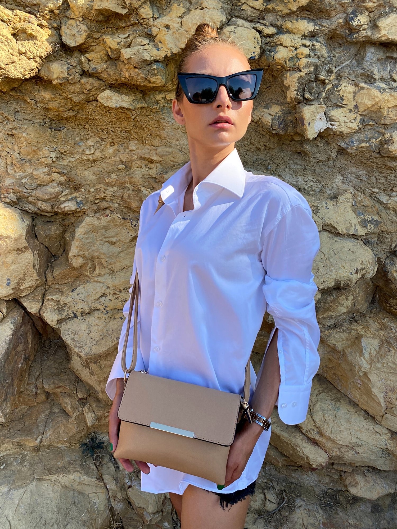 Stylish Shoulder Double Bag in black and beige with adjustable strap and zip pocket, showcasing its elegant design and functionality.