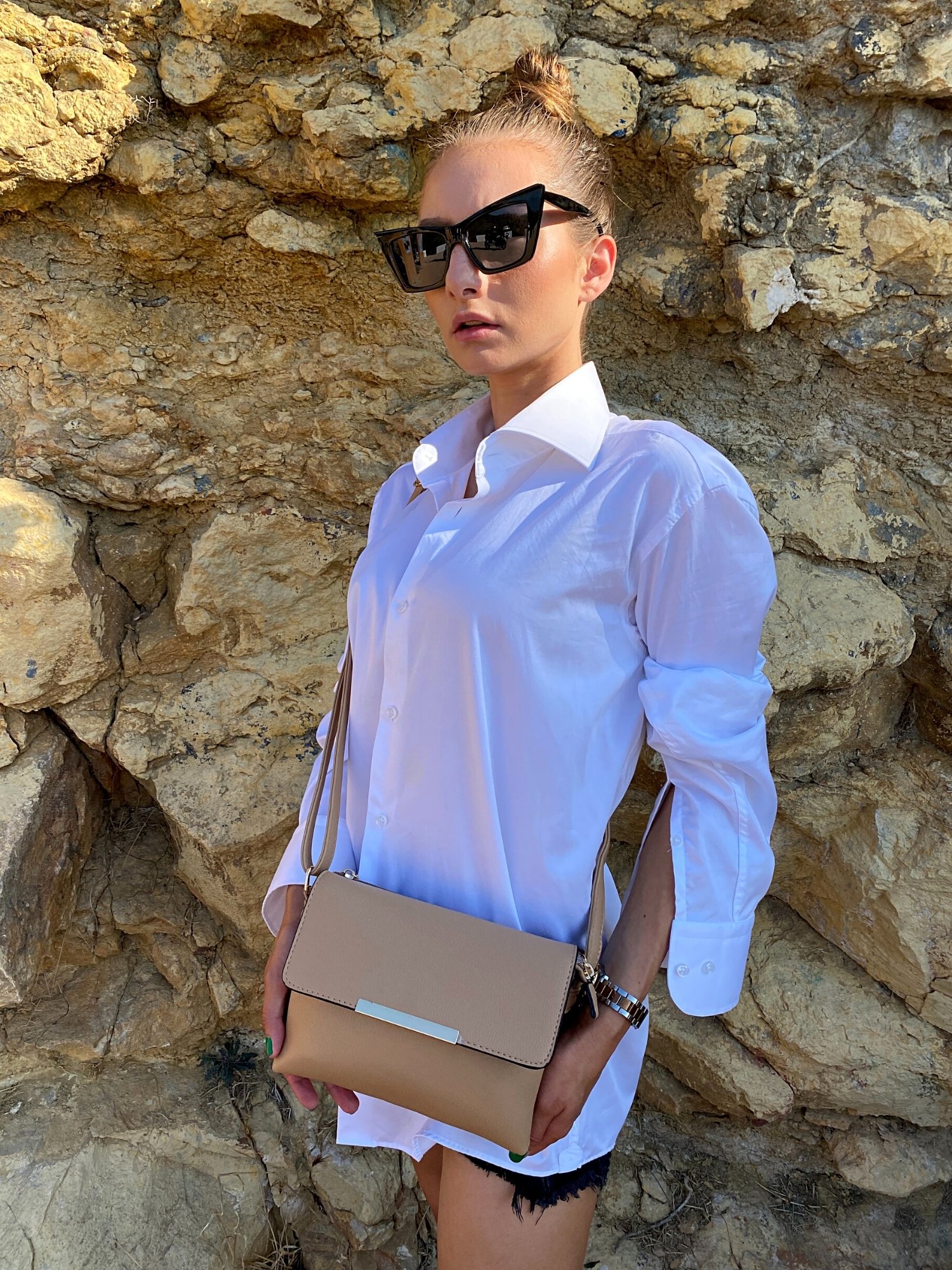 Stylish Shoulder Double Bag in black and beige with adjustable strap and zip pocket, showcasing its elegant design and functionality.