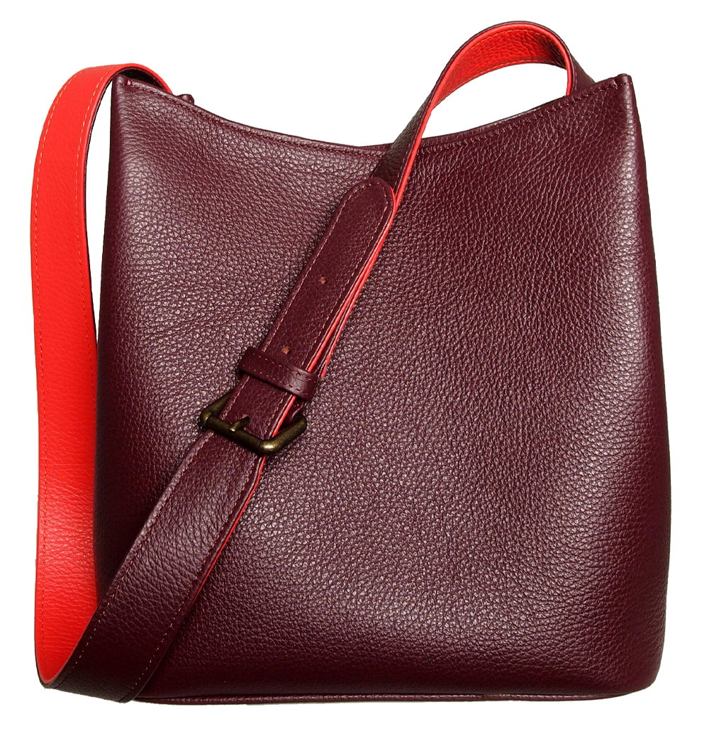 Shoulder Hobo Tote in Bordeaux-Coral, crafted from pebbled Italian calf leather with a duo-tone strap and burnished brass buckle.