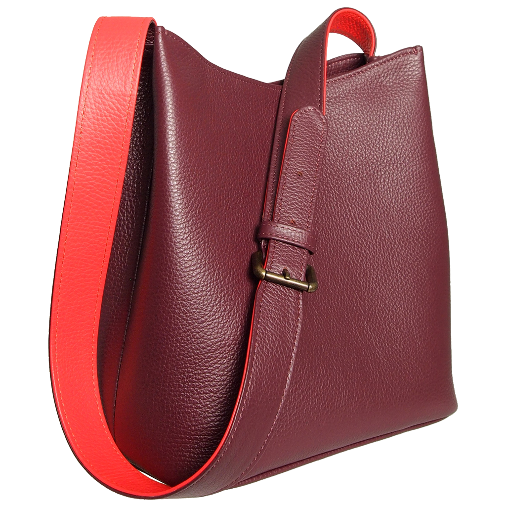 Shoulder Hobo Tote in Bordeaux-Coral, crafted from pebbled Italian calf leather with a duo-tone strap and burnished brass buckle.