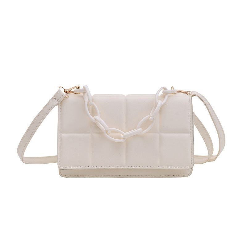 A stylish Simple Lattice Single Shoulder Chain Messenger Bag made of PU leather, featuring a chic lattice design and a single shoulder chain strap.