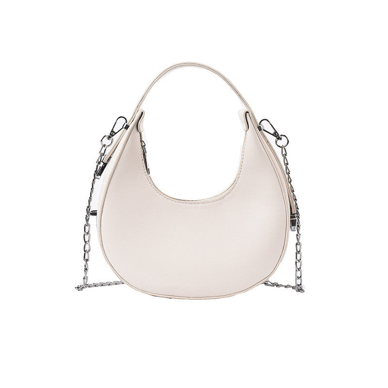 A stylish Simple Portable Fashion One-Shoulder Chain Messenger Bag in a semicircle shape with a soft handle and zipper opening, perfect for everyday use.