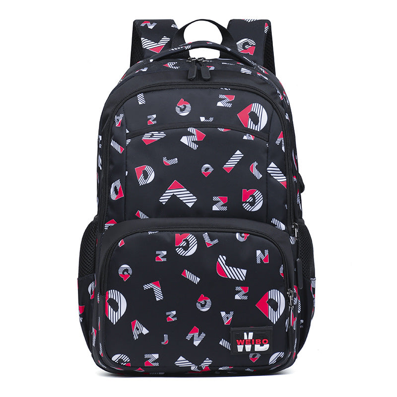 A stylish Simple Printed Junior High School Student Schoolbag made of durable Oxford cloth, featuring multiple pockets and a trendy letter print design.