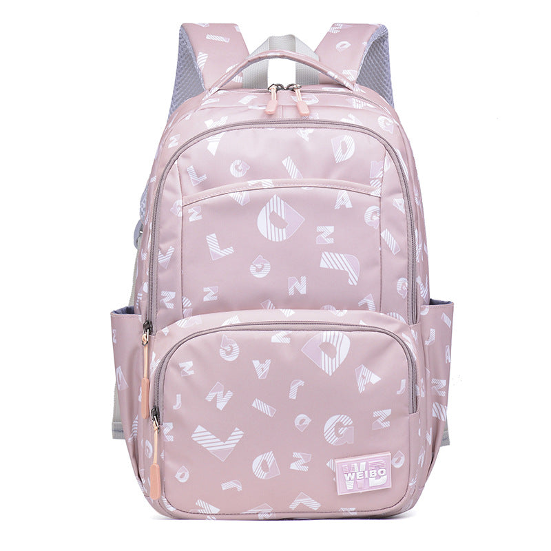 A stylish Simple Printed Junior High School Student Schoolbag made of durable Oxford cloth, featuring multiple pockets and a trendy letter print design.