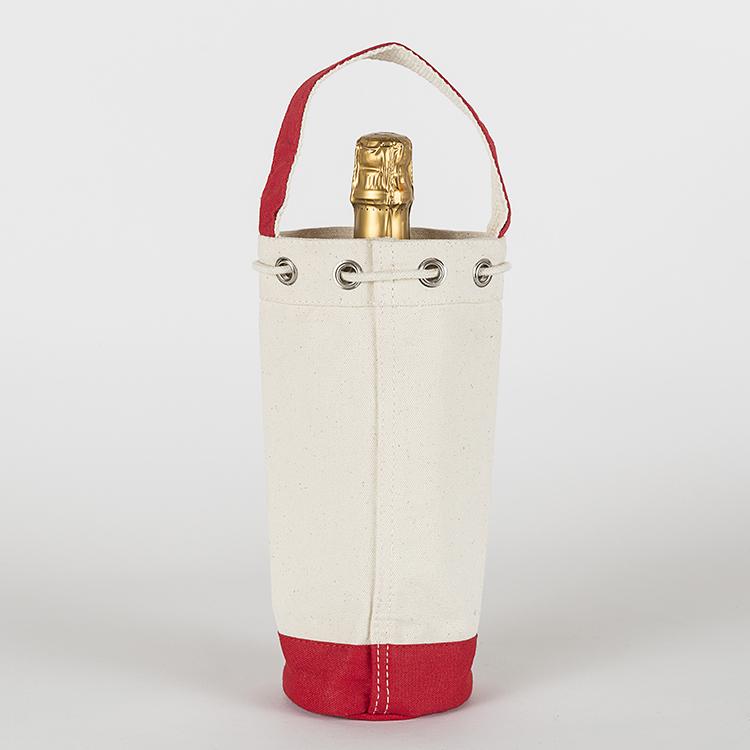 A sturdy canvas wine bag with a cinch top and colorful trim, designed to hold a single bottle of champagne or wine securely.