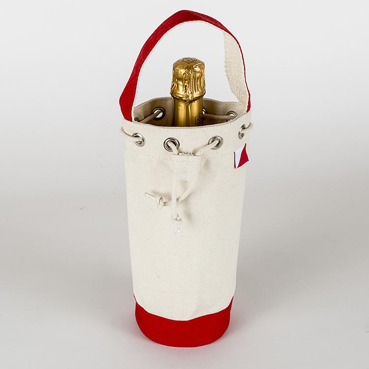 A sturdy canvas wine bag with a cinch top and colorful trim, designed to hold a single bottle of champagne or wine securely.