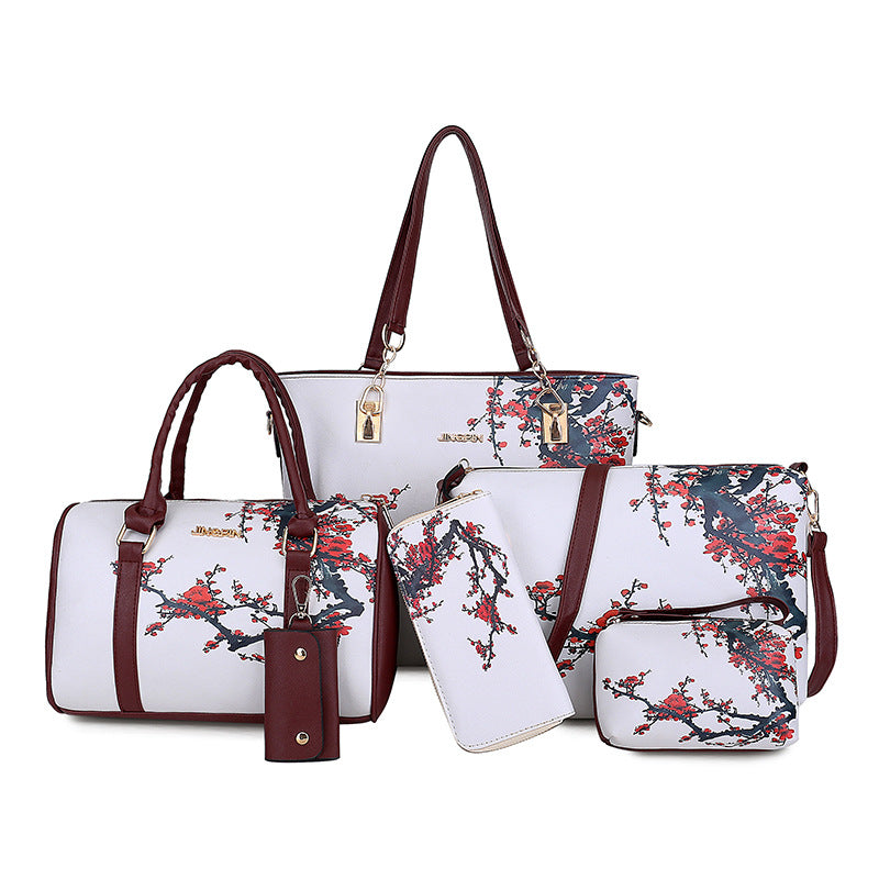 A stylish collection of six printed one-shoulder handbags for women, featuring floral patterns and various sizes.