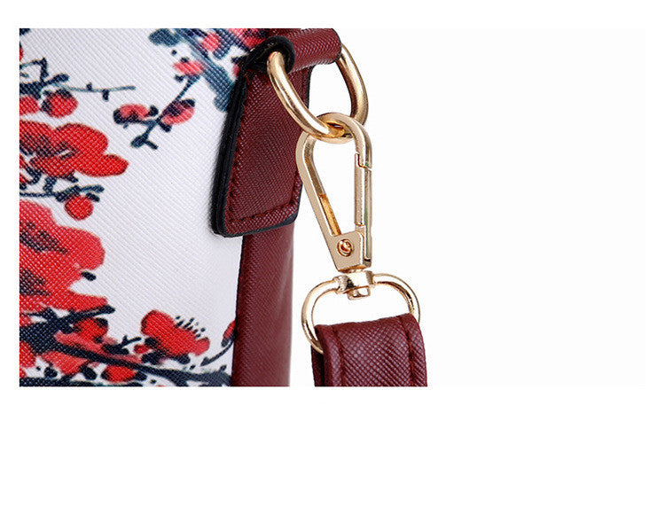 A stylish collection of six printed one-shoulder handbags for women, featuring floral patterns and various sizes.
