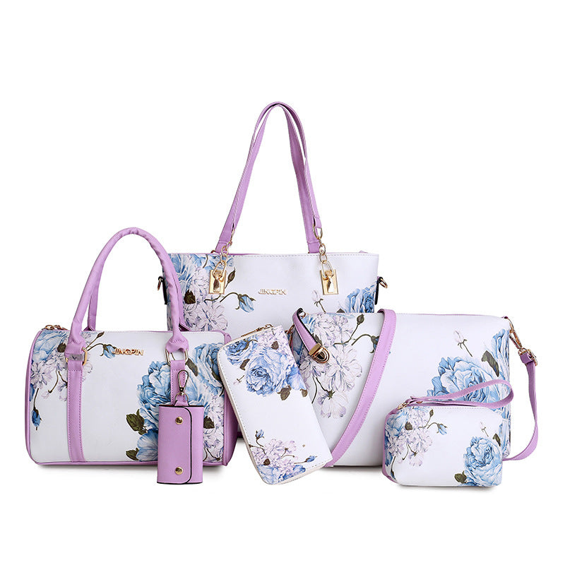 A stylish collection of six printed one-shoulder handbags for women, featuring floral patterns and various sizes.
