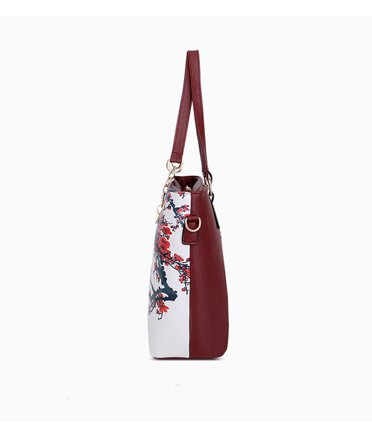 A stylish collection of six printed one-shoulder handbags for women, featuring floral patterns and various sizes.