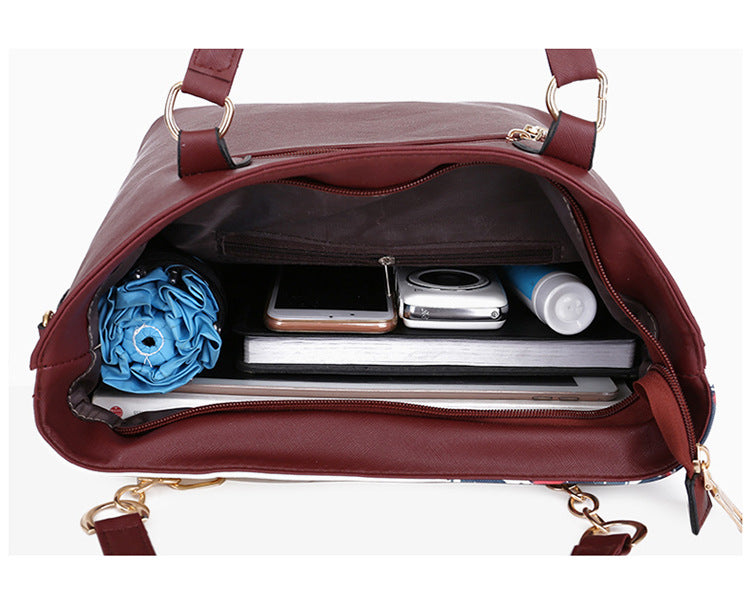 A stylish collection of six printed one-shoulder handbags for women, featuring floral patterns and various sizes.