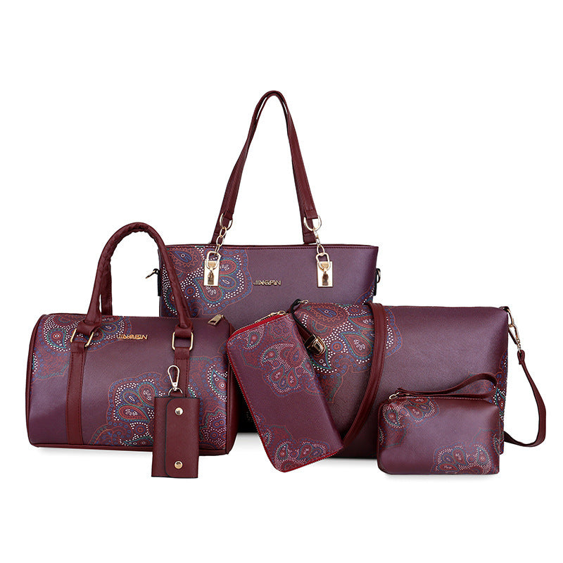 A stylish collection of six printed one-shoulder handbags for women, featuring floral patterns and various sizes.