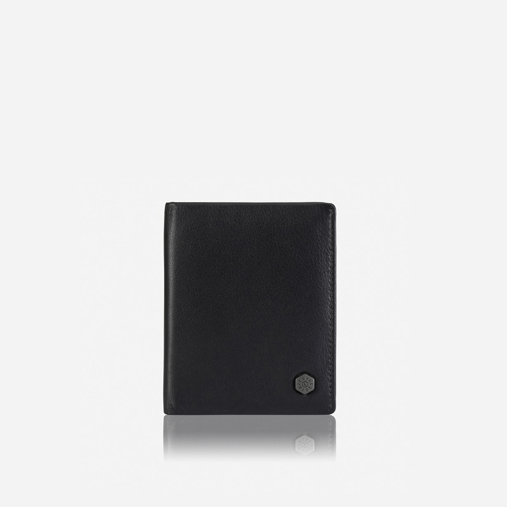 Slim Bifold Card Holder in Soft Black, showcasing its compact design and soft leather material.