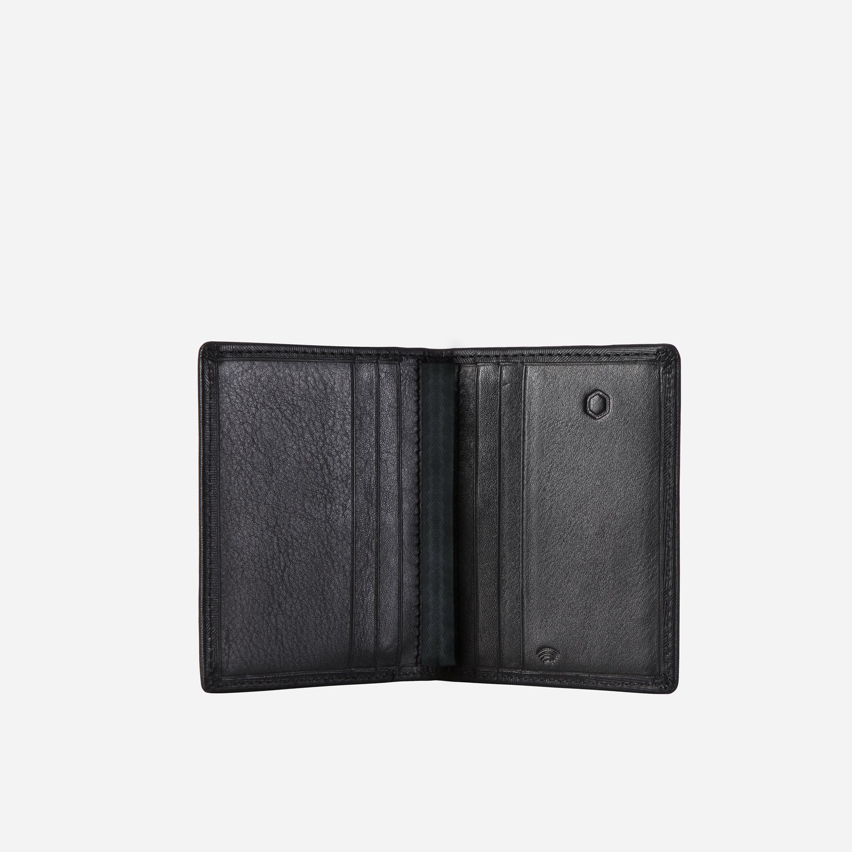 Slim Bifold Card Holder in Soft Black, showcasing its compact design and soft leather material.