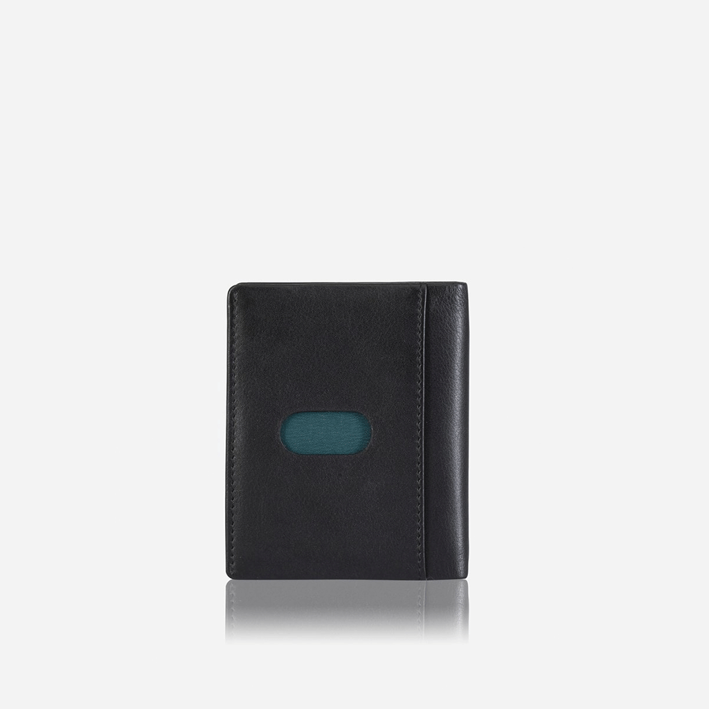 Slim Bifold Card Holder in Soft Black, showcasing its compact design and soft leather material.