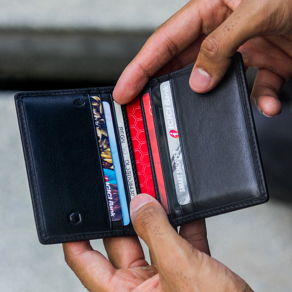 Slim Leather Billfold Card Holder in Camo, showcasing its stylish design and multiple card slots.