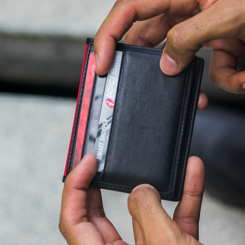 Slim Leather Billfold Card Holder in Camo, showcasing its stylish design and multiple card slots.