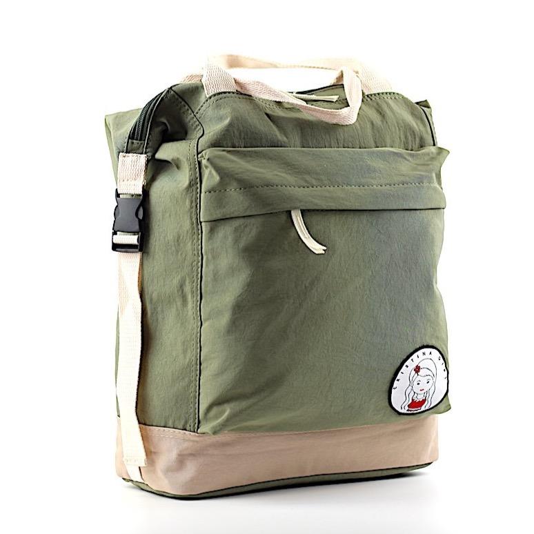 Soft polyester bag and backpack in four colors, featuring adjustable straps and zipped pockets.