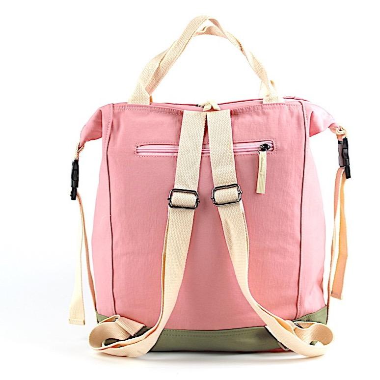 Soft polyester bag and backpack in four colors, featuring adjustable straps and multiple zipped pockets for convenience.