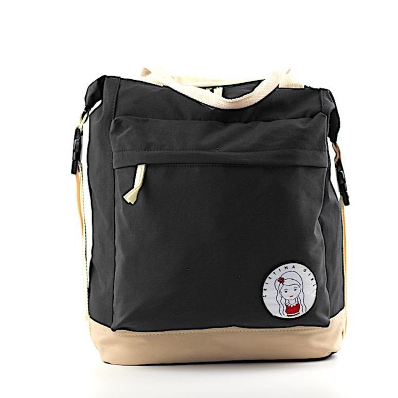 Soft polyester bag and backpack in four colors, featuring adjustable straps and multiple zipped pockets for convenience.