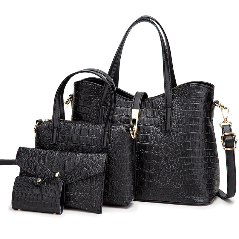 A stylish four-piece handbag set for women in solid colors, featuring a modern design with embossed detailing and adjustable straps.