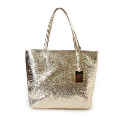 Solid Color Plain Large Capacity Handbag for Ladies featuring a crocodile pattern, double straps, and multiple pockets for organization.