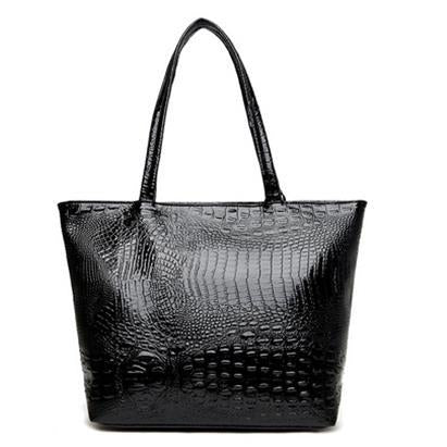 Solid Color Plain Large Capacity Handbag for Ladies featuring a crocodile pattern, double straps, and multiple pockets for organization.