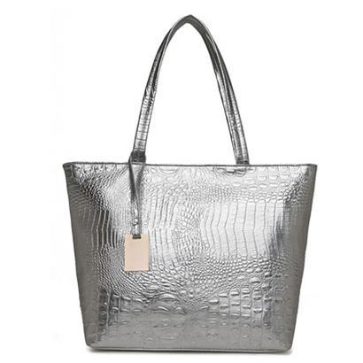 Solid Color Plain Large Capacity Handbag for Ladies featuring a crocodile pattern, double straps, and multiple pockets for organization.