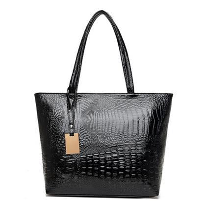 Solid Color Plain Large Capacity Handbag for Ladies featuring a crocodile pattern, double straps, and multiple pockets for organization.
