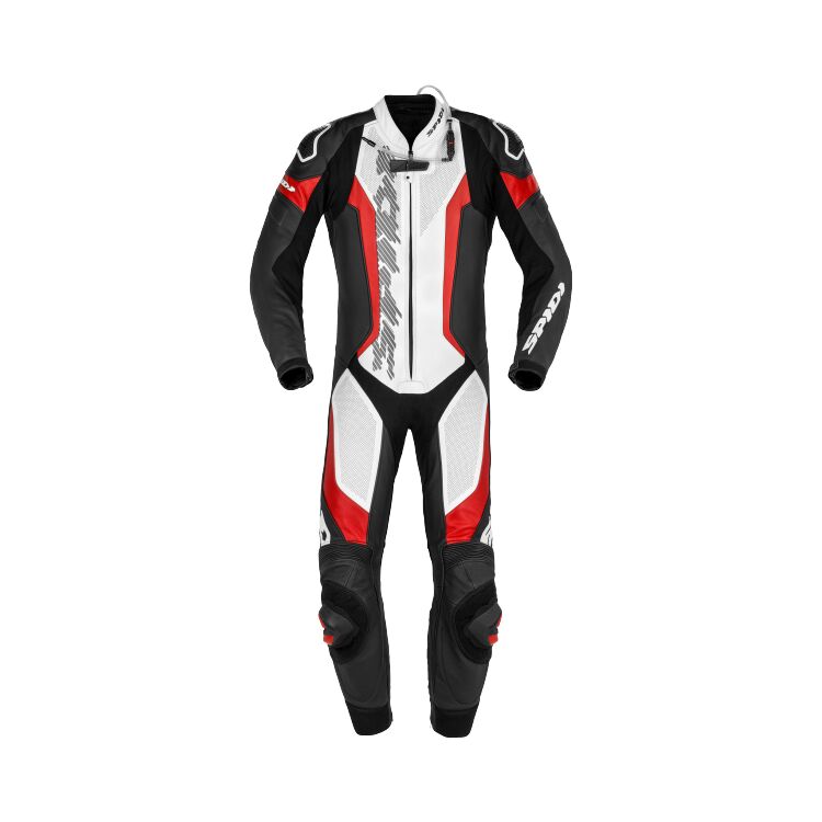 Spidi Laser Pro Perforated Race Suit showcasing perforated cowhide leather and CE-rated armor for motorcycle racing.