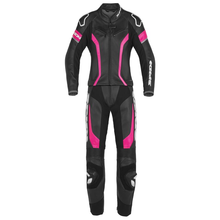 Spidi Laser Touring 2-Piece Women's Suit in black leather, featuring protective gear and stylish design, ideal for female motorcyclists.