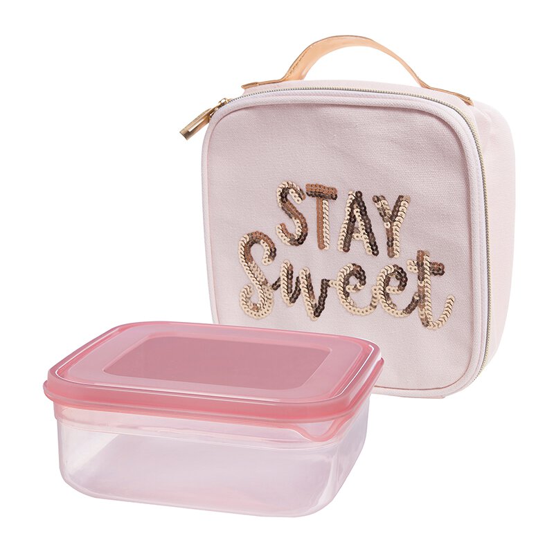 Stay Sweet Pink Combo Lunch Set featuring a sequin embellished lunch bag and a clear acrylic container with a pink lid.