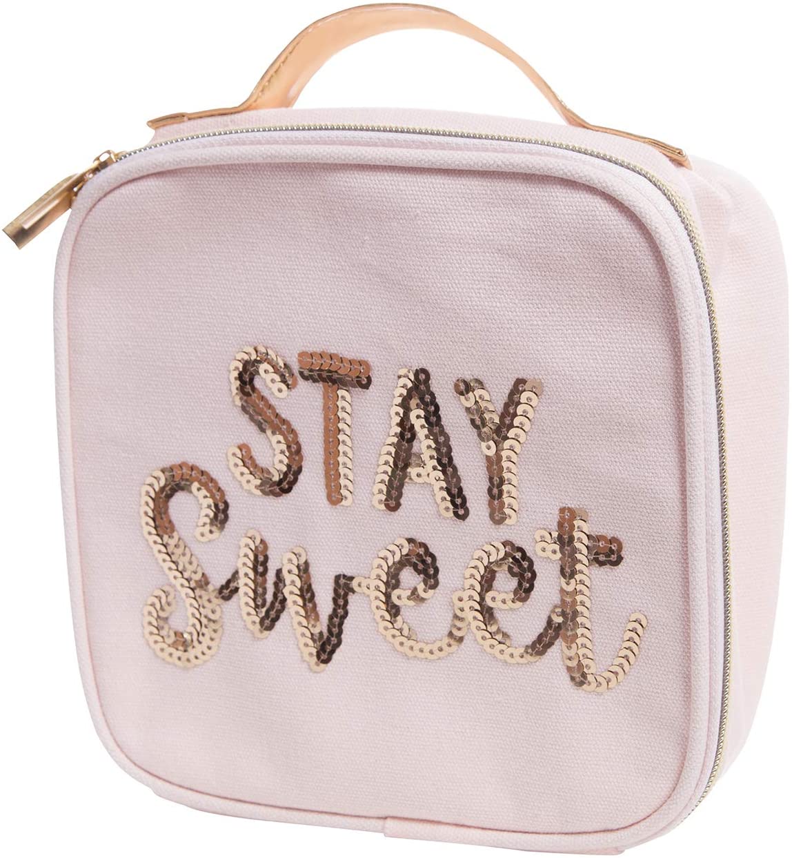 Stay Sweet Pink Combo Lunch Set featuring a sequin embellished lunch bag and a clear acrylic container with a pink lid.