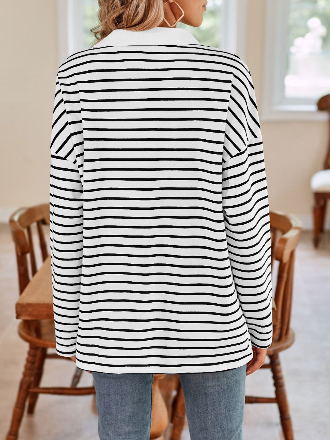Striped Johnny Collar Long Sleeve T-Shirt in a stylish design, featuring a classic collar and soft fabric.
