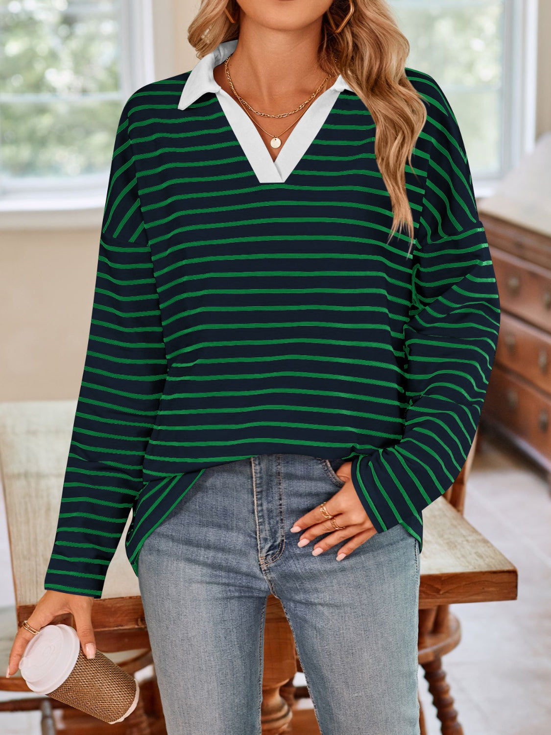 Striped Johnny Collar Long Sleeve T-Shirt in a stylish design, featuring a classic collar and soft fabric.