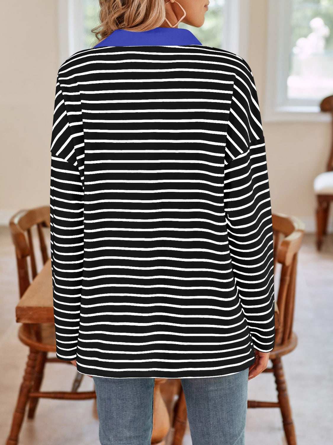 Striped Johnny Collar Long Sleeve T-Shirt in a stylish design, featuring a classic collar and soft fabric.
