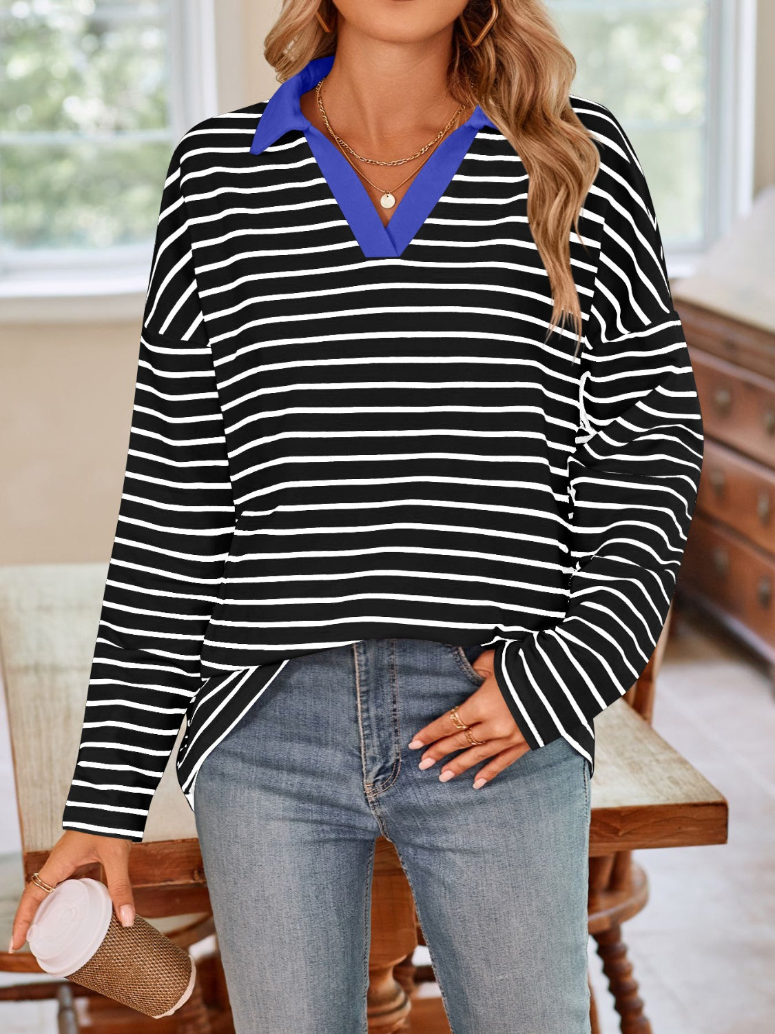 Striped Johnny Collar Long Sleeve T-Shirt in a stylish design, featuring a classic collar and soft fabric.