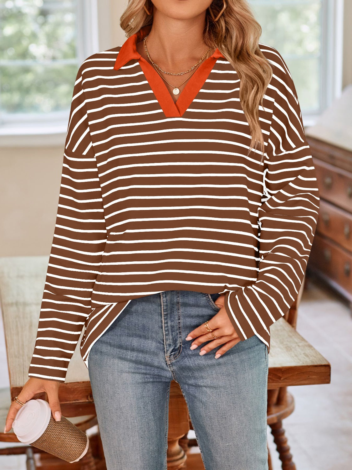 Striped Johnny Collar Long Sleeve T-Shirt in a stylish design, featuring a classic collar and soft fabric.