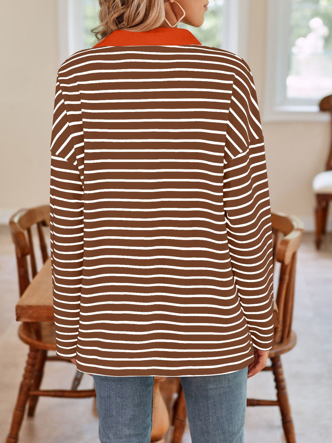 Striped Johnny Collar Long Sleeve T-Shirt in a stylish design, featuring a classic collar and soft fabric.