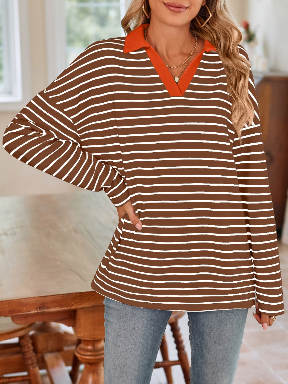Striped Johnny Collar Long Sleeve T-Shirt in a stylish design, featuring a classic collar and soft fabric.