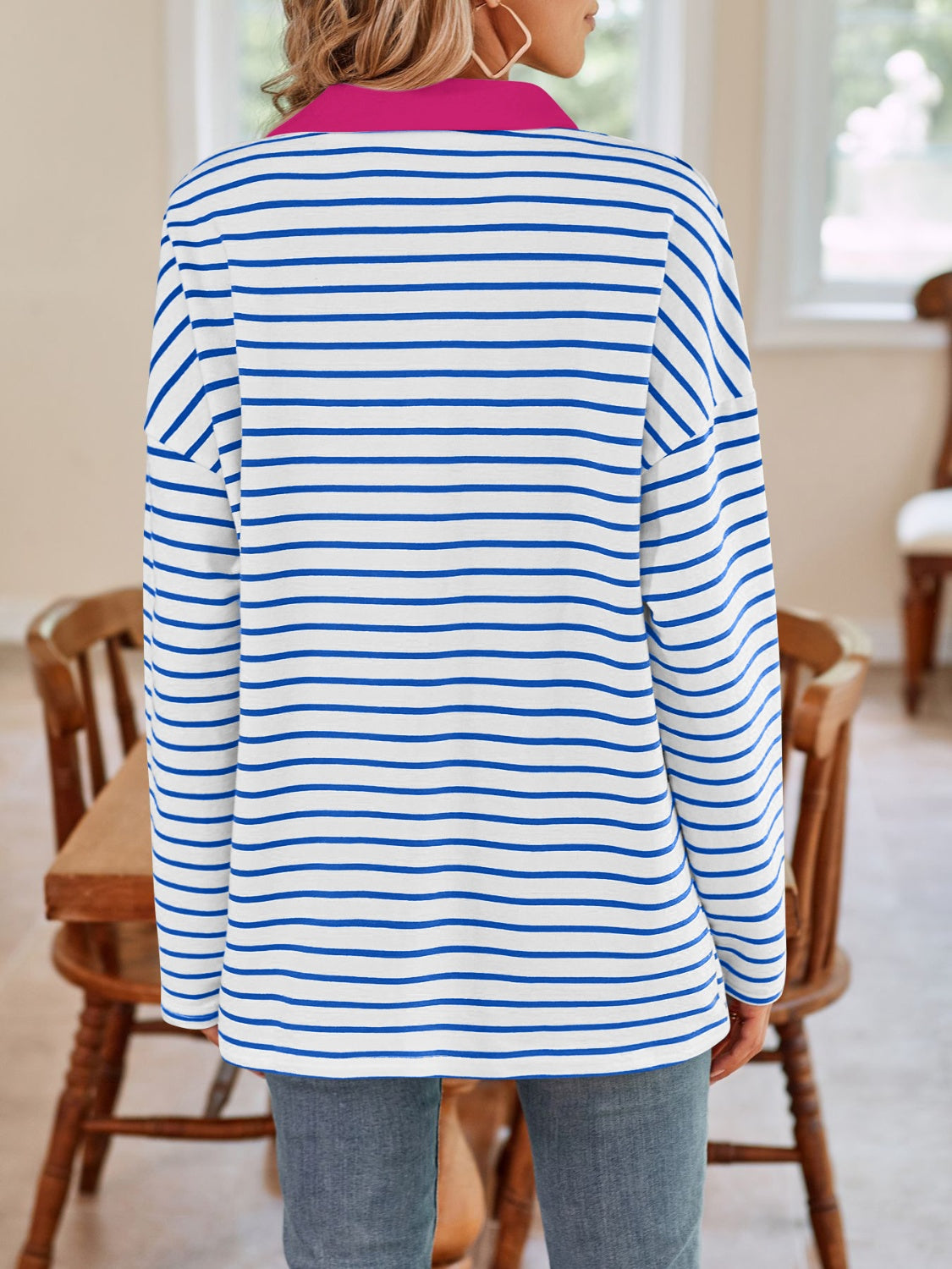 Striped Johnny Collar Long Sleeve T-Shirt in a stylish design, featuring a classic collar and soft fabric.