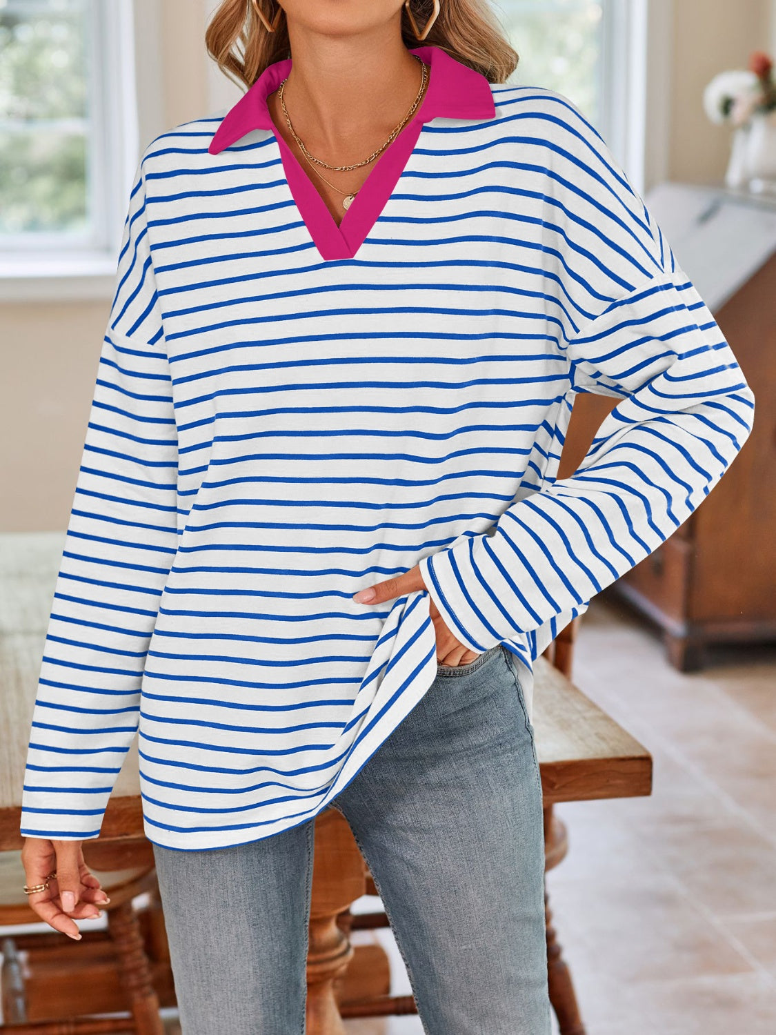 Striped Johnny Collar Long Sleeve T-Shirt in a stylish design, featuring a classic collar and soft fabric.