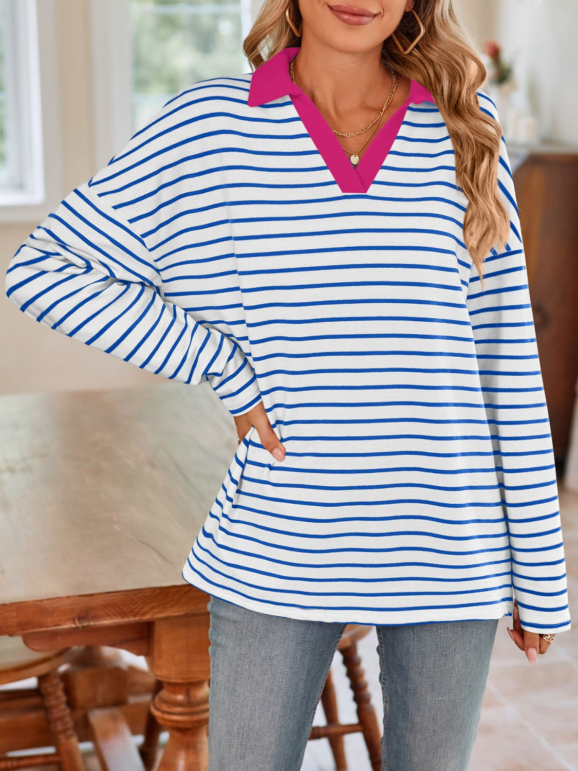 Striped Johnny Collar Long Sleeve T-Shirt in a stylish design, featuring a classic collar and soft fabric.