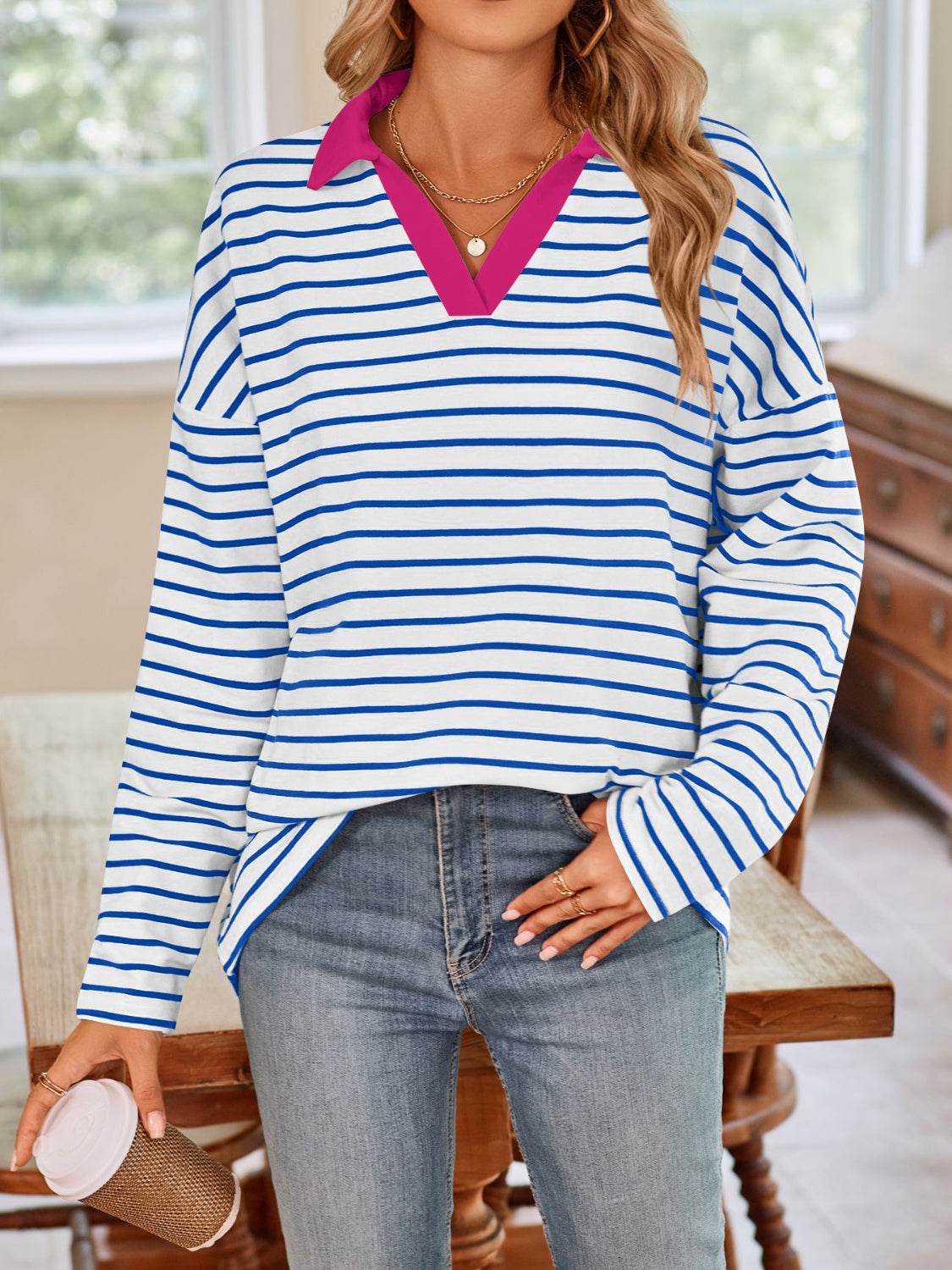 Striped Johnny Collar Long Sleeve T-Shirt in a stylish design, featuring a classic collar and soft fabric.
